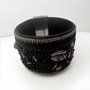 Italian Leather Bangle Cuff Bracelet Beaded Black Inlay Handmade